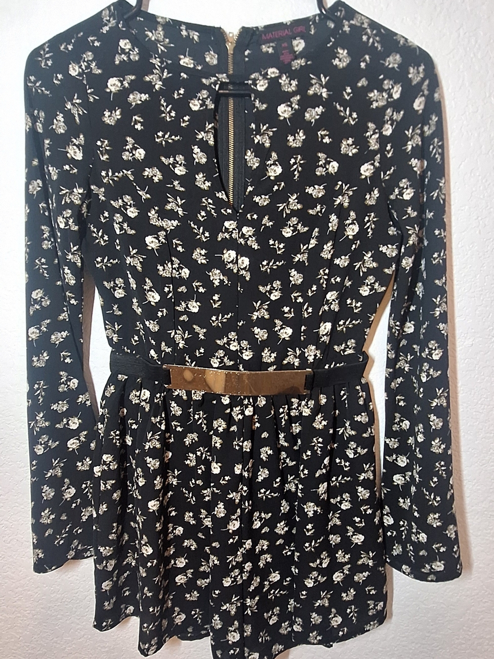 Material Girl Black Floral Long Sleeve Romper Gold Belt Cutout XS